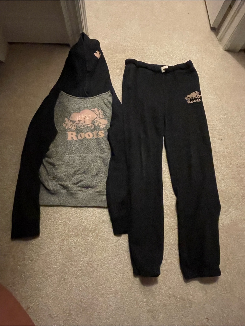 Roots Kids Black & Gray Sweatpants with Pink Logo